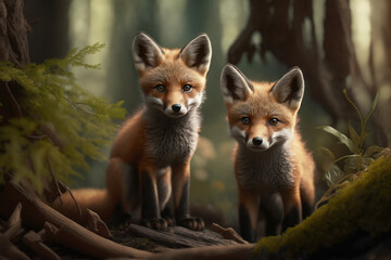 Two red fox cubs in summer forest, Generative AI