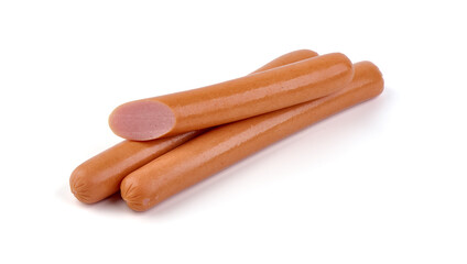 Fresh boiled Sausages, isolated on a white background.