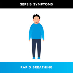 Vector illustration of a man who breathes quickly. A character who finds it difficult to breathe, he does not have enough air. Symptoms of sepsis. Illustration for medical articles, posters.