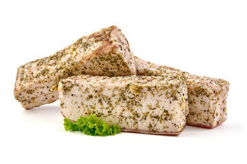 Piece of salty high-fat meat cooked with spices. Salo, bacon, lard, silverside, gammon. Garlic, spices, isolated on white background.