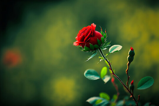 A red rose flower, a symbol of love and passion, stands out in a lush and colorful garden. Generative AI