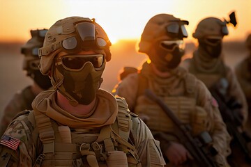 Military team in combat gear at sunset. Generative AI.