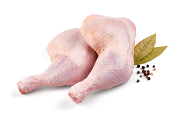 Raw chicken leg quarters, isolated on white background. High resolution image.