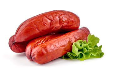 Smoked Pork sausages, close-up, isolated on white background.