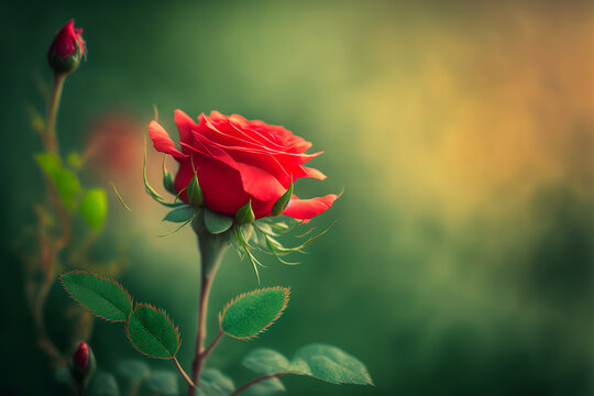 Sublime red rose, symbol of love and passion, blooming in its natural environment, a beautiful green garden. Generative AI
