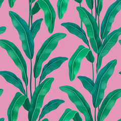 Hand painted illustration of Tropical leaves. Seamless pattern