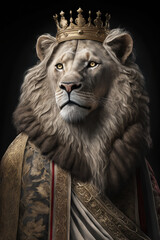 Portrait adult Lion dressed like a king with a crown, Generative AI