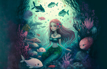 Obraz na płótnie Canvas A magical and aquatic image offering a look at a charming little mermaid surrounded by fish and magical shells in her marine environment. Generative AI