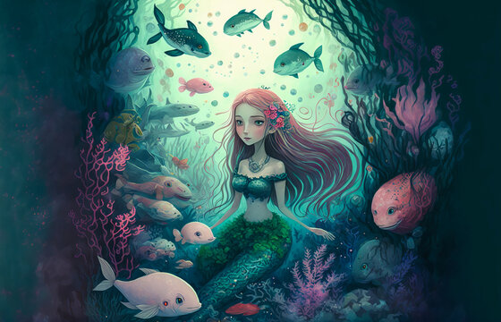 A magical and aquatic image offering a look at a charming little mermaid surrounded by fish and magical shells in her marine environment. Generative AI