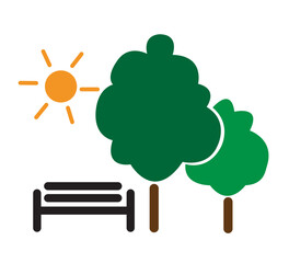 Park icon with trees, bench and sun simple design vector isolated