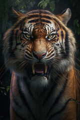 Fototapeta premium Angry Tiger portrait on jungle background, Generative AI