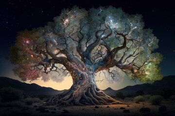 Sparkling big tree, magical sky background, Generative AI