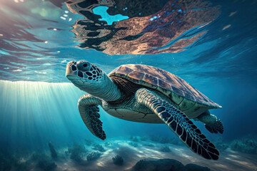 Close wild turtle floating over beautiful natural ocean background, with sunlight through water surface, Generative AI