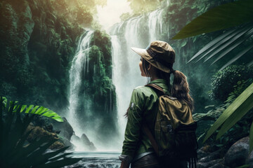 Girl in front of a waterfall in a jungle, Generative AI