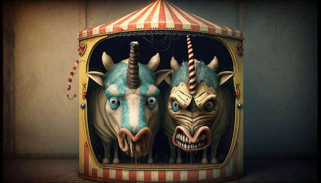 Strange Freak Show Creatures in Small Circus Tent Generative AI