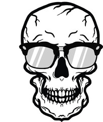 Skull head  wearing sunglasses and listening music in headphones. skull pirate, vector illustration in monochrome vintage style isolated on white background