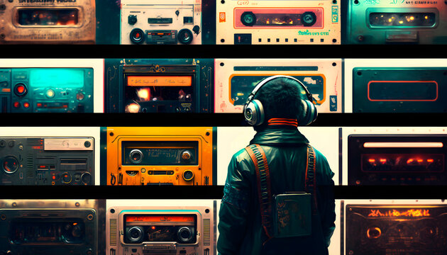 guy listening to music in headphones, in the background of audio players, nostalgia