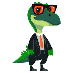green dinosaur in a business suit and glasses. flat character vector illustration.