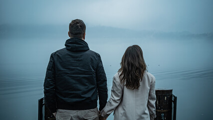 couple standing with their backs, holding hands, looking on the lake in foggy weather 