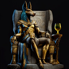 Illustration of Anubis sitting on his throne in Egypt drinking a cup of wine on his throne created with Generative AI technology