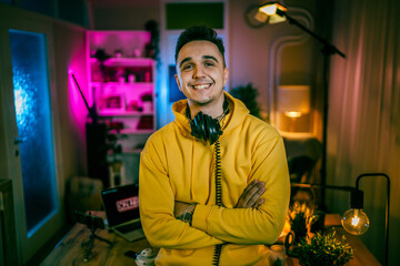 man shooting or streaming video podcast or vlogg blogger at studio