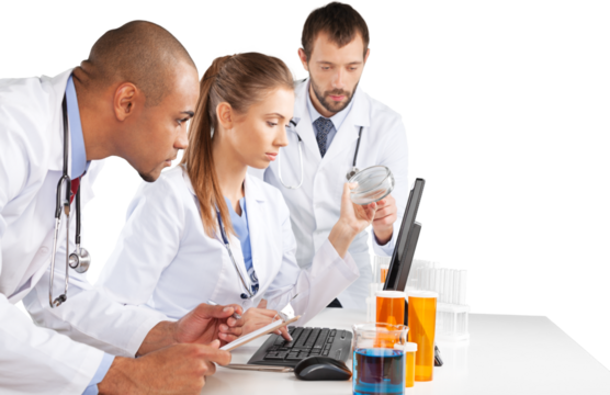 Portrait of Doctors Looking at Laptop and Writing on Clipboard