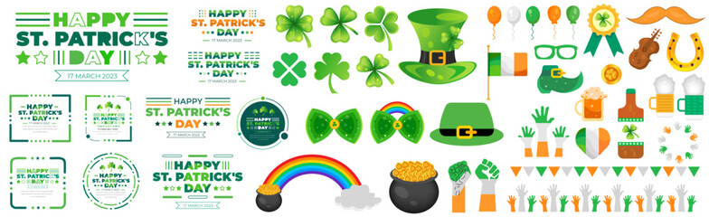 Happy St. Patrick's Day elements mega set with green clover, shamrock, green ale, gold coins pot, and rainbow on white background. St. Patrick's Day typography mega bundle. Saint Patrick's Day bundle. - obrazy, fototapety, plakaty