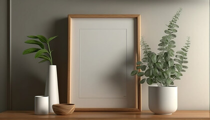 Blank picture frame mockup with green flowers on white wall with shadow. Vertical template for artwork