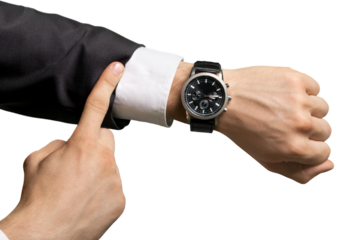 Businessman pointing at hand watch on white background, close-up