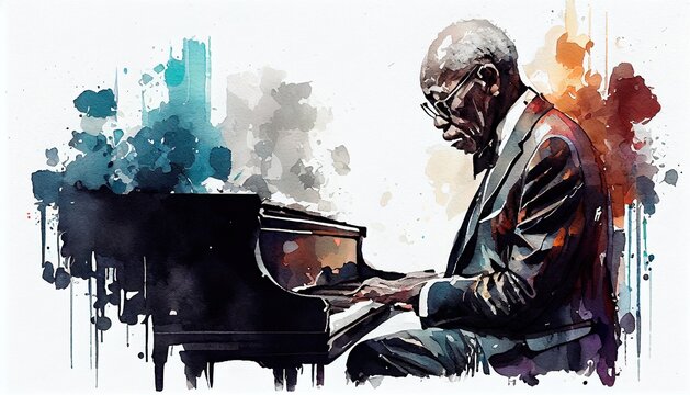Músico afroamericano tocando piano jazz - Ilustración IA