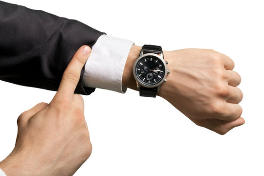Businessman pointing at hand watch on white background, close-up