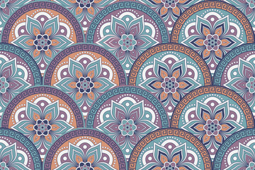 Vector seamless floral pattern with colorful circles in retro style