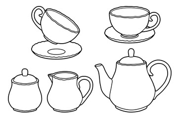 Hand drawing tea set. Teapot, milk jug, sugar bowl and cups and saucers. Black outline. Coloring page.