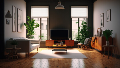 Discover a sleek and modern 3D visualization of a minimalist living room with a wooden floor, white walls, large windows, a spacious sofa, and natural accents. Generative AI