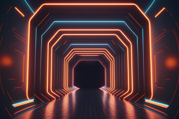 Abstract neon lights into digital technology tunnel