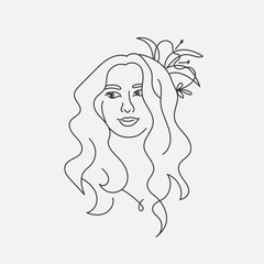 Young lady with long hair sketch. Woman logo Line art. Vector illustration on white background