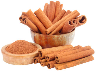 Bunch of some fresh aromatic cinnamon with powder spice