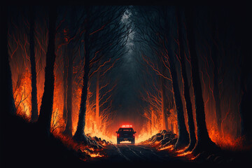 Fire in the forest at night, the fire blocked the road car can not pass. Generative AI.