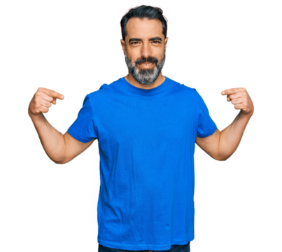 Middle aged man with beard wearing casual blue t shirt looking confident with smile on face, pointing oneself with fingers proud and happy.