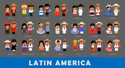 Big set of Latin Americans cartoon characters in national costume. Couple in traditional ethnic clothes. Woman wearing national dress and man with flag. Vector flat illustration.