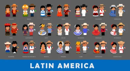 Deurstickers Big set of Latin Americans cartoon characters in national costume. Couple in traditional ethnic clothes. Woman wearing national dress and man with flag. Vector flat illustration. © Anastasia