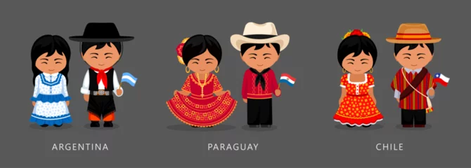 Foto op Plexiglas Argentina, Paraguay, Chile ethnic costume. Woman wearing traditional dress, man with national flag. Latin American couple. Vector flat illustration. © Anastasia