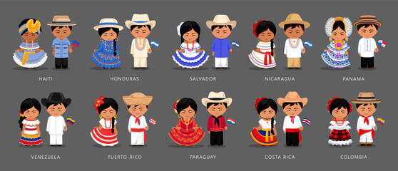 Latin Americans couple. Haiti, Honduras, Salvador, Nicaragua, Puerto Rico ethnic clothes. Panama, Venezuela, Costa Rica, Paraguay and Colombia national costume. Vector flat illustration.