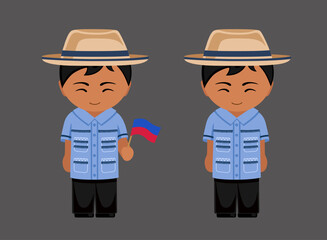 Haitian male cartoon character in traditional ethnic costume with national flag. Man in Haiti clothes. Latin americans. Isolated flat vector illustration.