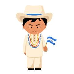 Honduran male cartoon character in traditional ethnic costume holding national flag. Man in Honduras clothes. Isolated flat vector illustration.