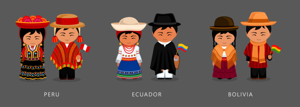 Peru, Ecuador, Bolivia ethnic costume. Woman wearing traditional dress, man with national flag. Latin American couple. Vector flat illustration.