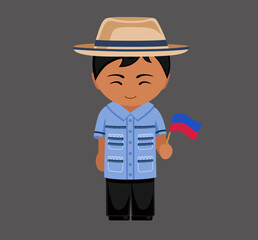 Obraz premium Haitian male cartoon character in traditional ethnic costume with national flag. Man in Haiti clothes. Latin americans. Isolated flat vector illustration.