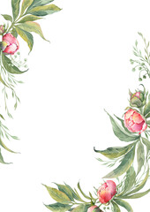 Floral card with watercolor pink peony buds. Illustration on white background.