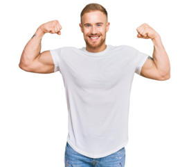 Young irish man wearing casual clothes showing arms muscles smiling proud. fitness concept.