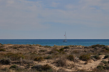 Fototapeta na wymiar Blue sea with a boat and dry grass in the sand